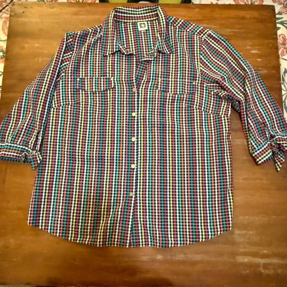 Anne Klein Womens Button Up Shirt‎ 3/4 Sleeve Rainbow Gingham Seersucker Top 2X - Picture 1 of 7